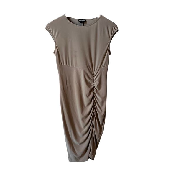 Vintage Bebe Womens Ruched Front Bodycon Mini Dress Tan Size Medium Made in USA - Picture 1 of 9